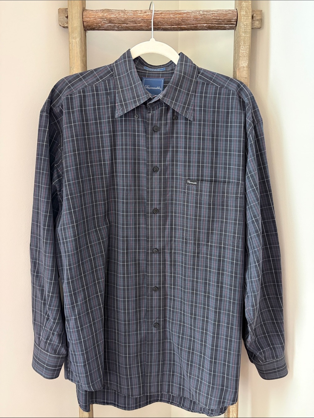 Faconnable Navy and Gray Plaid Long-Sleeve Button-Down Shirt